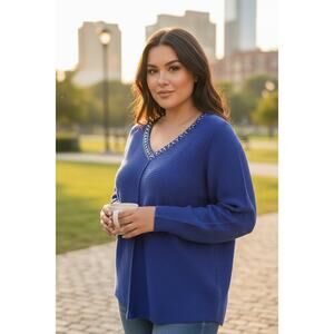 Cyrus Royal Blue Sweater 3X Embellished Neckline Knit Top Plus Size